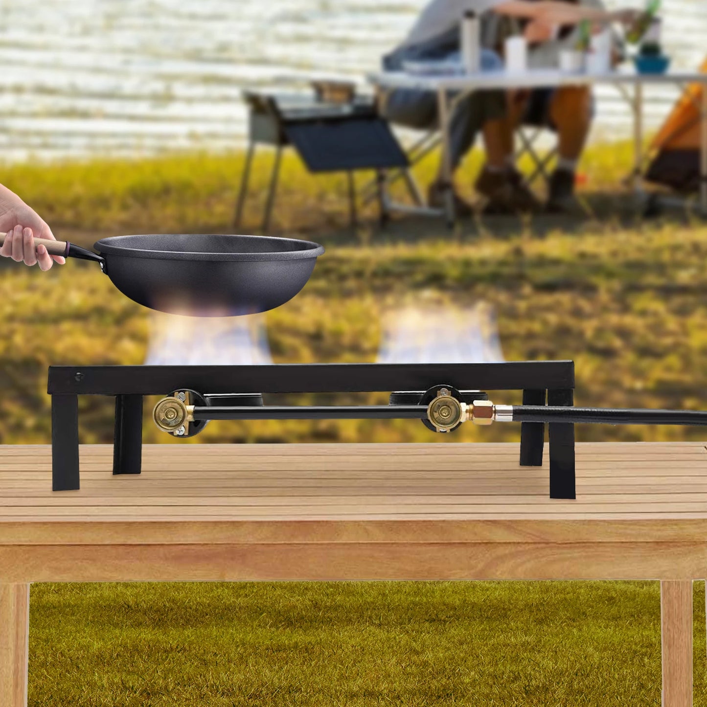 Portable Camping Gas Stove Double Burner Outdoor BBQ Propane Cooker with Adjustable Regulator and Hose