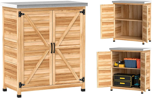 Outdoor Storage Cabinet Wooden Tool Storage Box with Metal Tabletop and Shelf Potting Bench Table with Double Doors