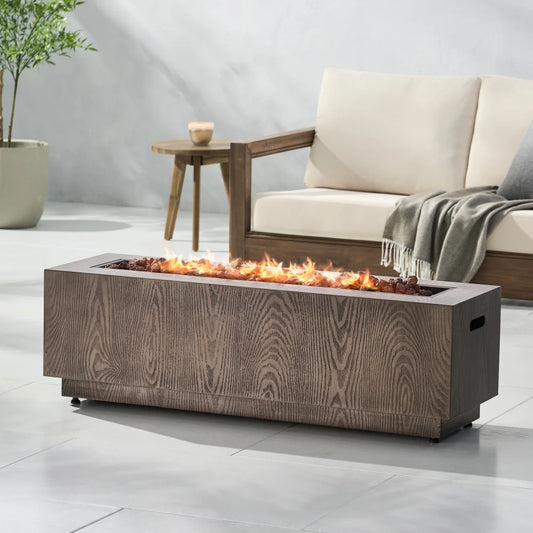 48 Inch Outdoor 50000 BTU Rectangular Iron Propane Fire Pit Brown Wood Pattern