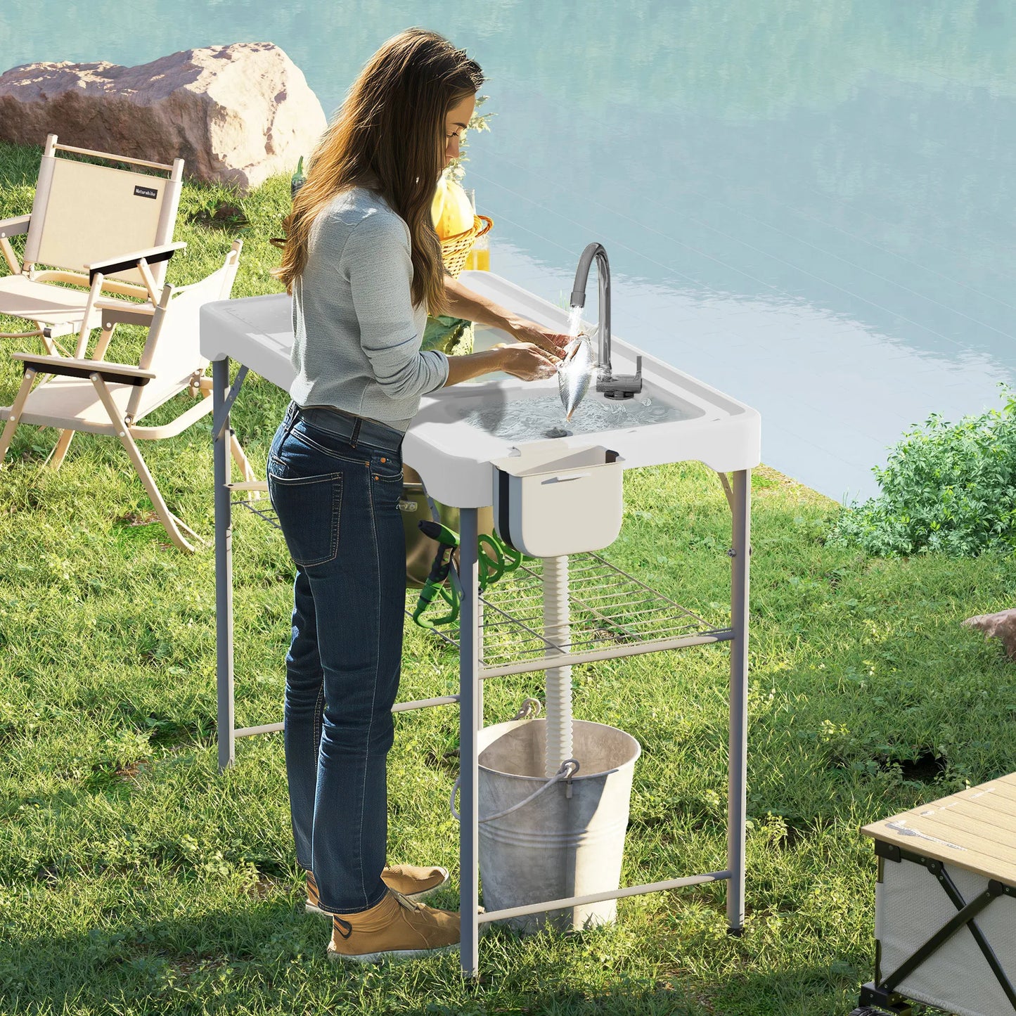 Folding Fish Cleaning Table with Sink and Faucet Outdoor Camping Table White