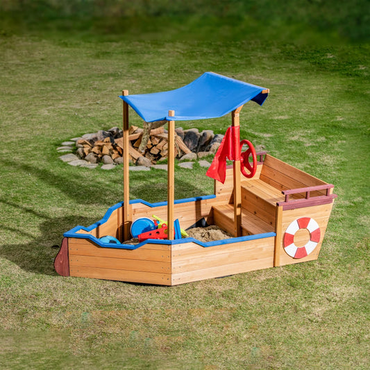 Outsunny Pirate Ship Sandbox with Cover and Rudder Wooden Sandbox with Storage Bench and Seat Outdoor Toy for Kids Ages 3 to 8
