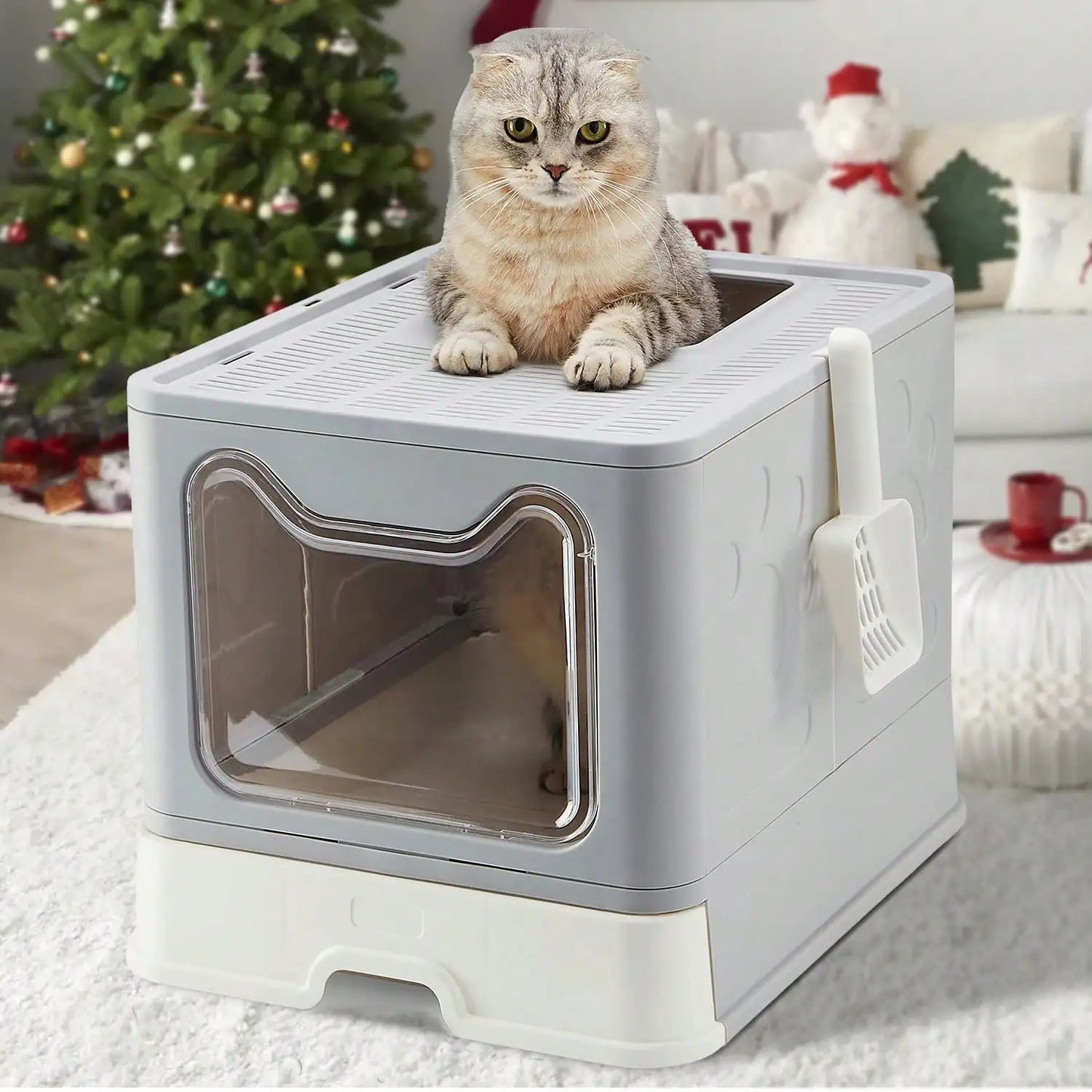 Foldable Litter Box With Drawer And Scooper For Cats