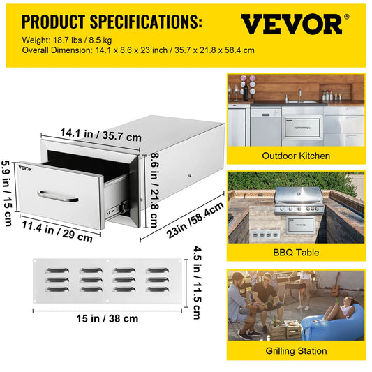SucceBuy Stainless Steel Outdoor Kitchen Drawers with Handle Large Storage BBQ Island Weather Resistant
