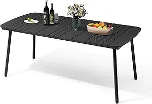 Black Outdoor Dining Table 70 Inch Patio Rectangle Table with Umbrella Hole Aluminum Frame for 4 to 6 People