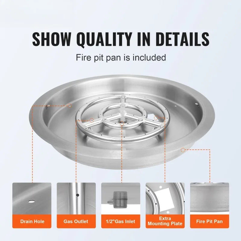 19 Inch Round Drop In Fire Pit Pan Stainless Steel Burner Natural Propane Gas 92000 BTU with Lid