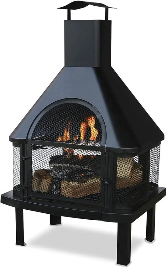 Wood Burning Fireplace Outdoor Steel Chimney Rectangular Fire Bowl for Backyard Patio Deck Bonfire Heating Black