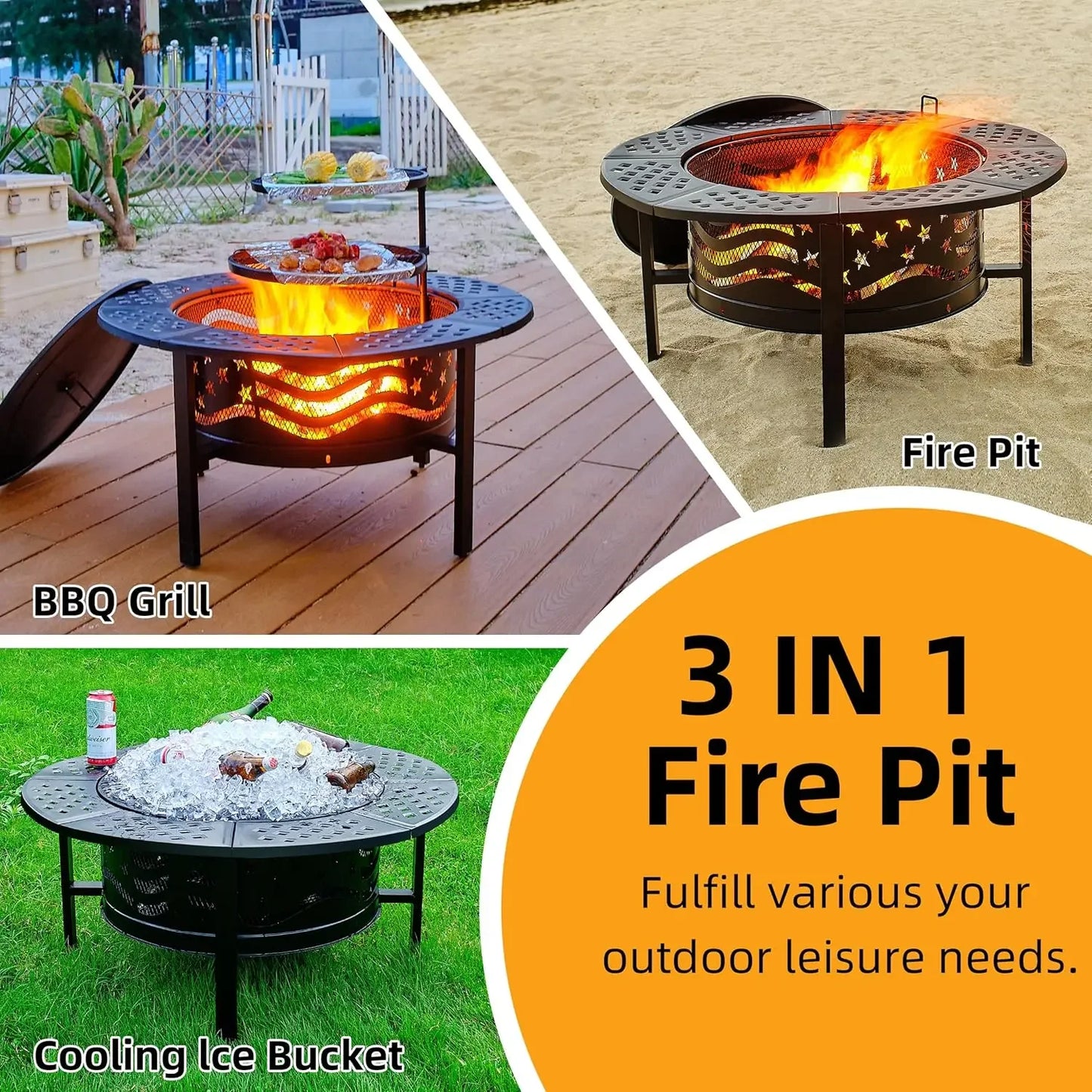42 Inch Outdoor Fire Pit with Dual Grills Wood Burning Heavy Duty Metal Firepit Large Round with Cover and Poker