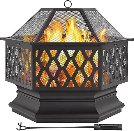 28 Inch Hex Shaped Fire Bowl Large Wood Burning Outdoor Fire Pit with Spark Screen and Poker for Bonfire Picnic BBQ
