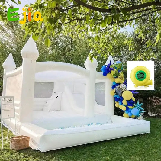 15FT PVC White Bounce House With Slide And Ball Pit Large Jumper Bouncy Inflatable Castle For Wedding Birthday Party Decoration