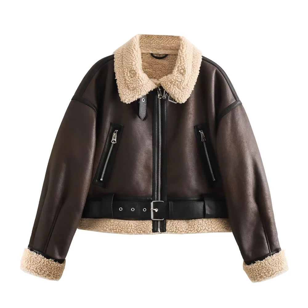 2024 Autumn Winter Womens Flip Collar Fur Pockets Jacket Coat