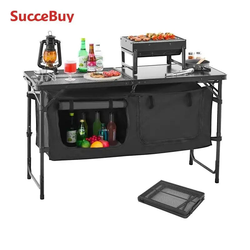 Vevor Camping Kitchen Table Outdoor Cooking Table Aluminum Lightweight Portable Cook Station with Storage Organizer and Adjustable Heights for BBQ Party Picnic RV Travel