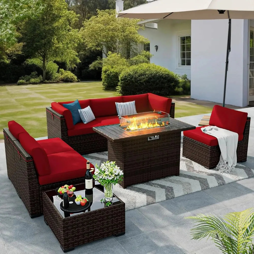 8 Pieces Outdoor Patio Furniture Set with 44 Inch Fire Pit Table Rattan Sectional Conversation Set with Gas Fire Pit
