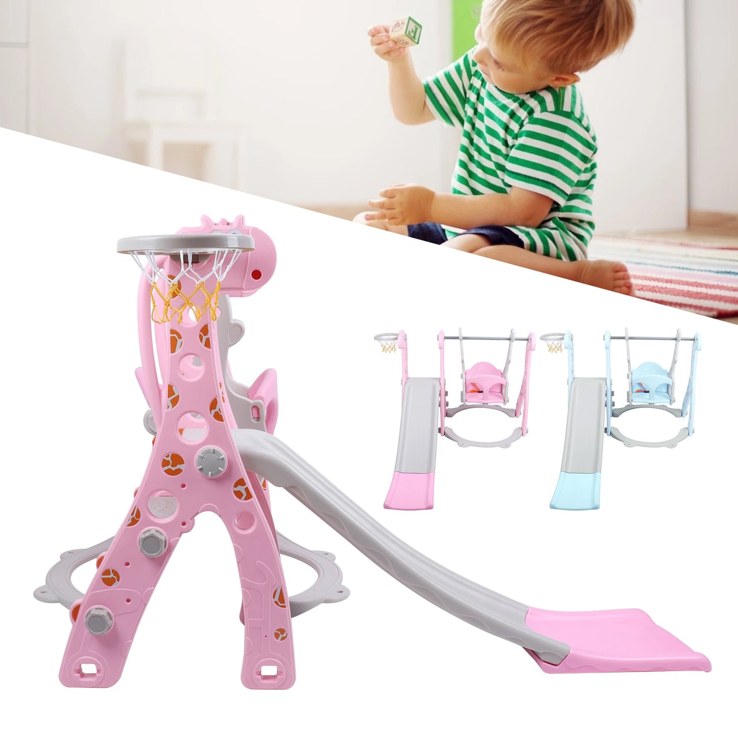 Children Play Slide Set Toddler Climber Swing Set with Basketball Hoop Indoor Outdoor Play Equipment