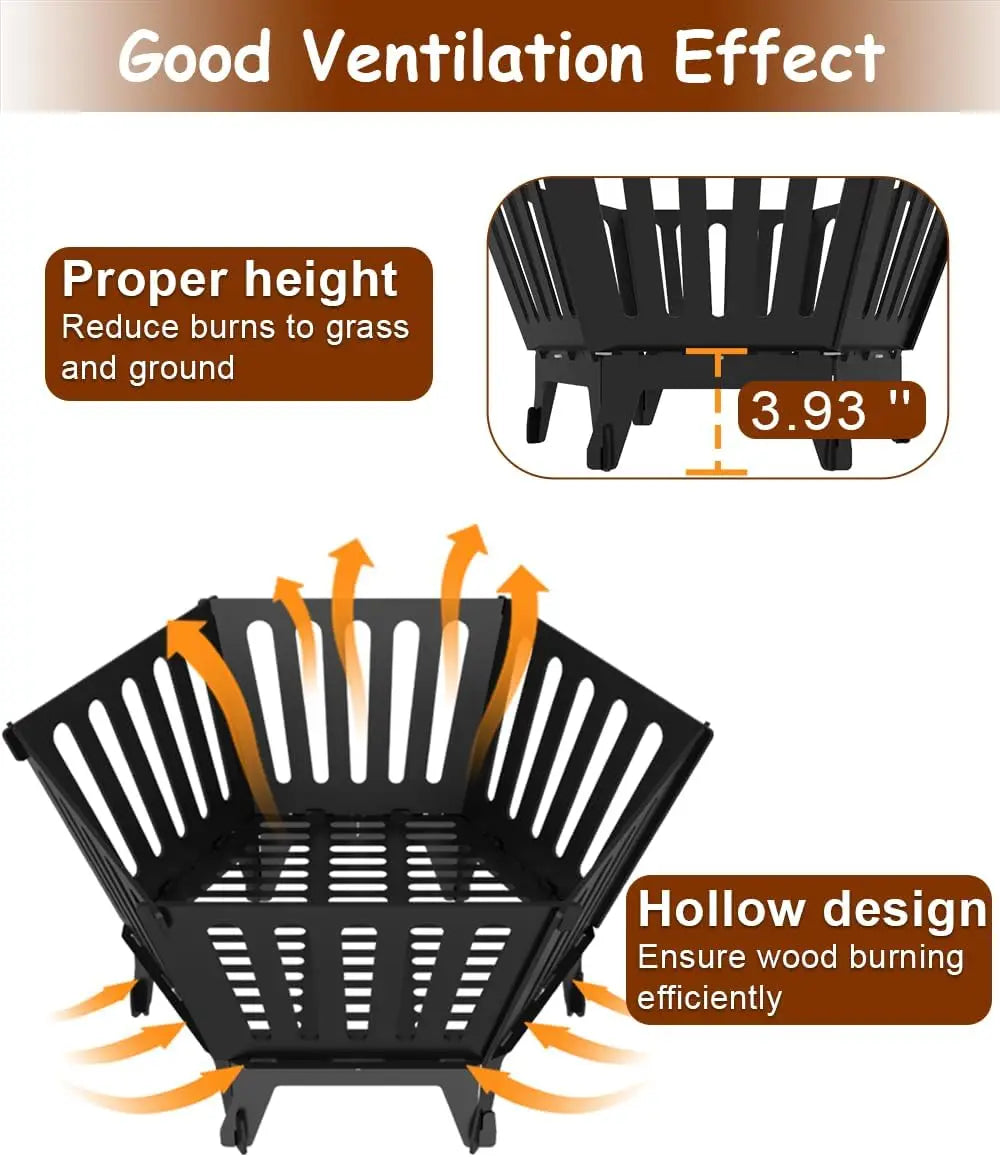 22.5 Inch Portable Hexagonal Wood Burning Fire Pit with Carrying Bag for Camping and Outdoor Patio