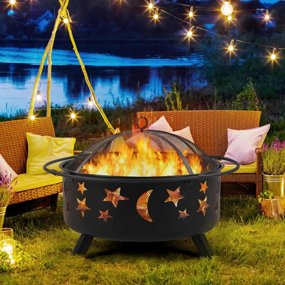 30 Inch Wood Burning Fire Pit with Spark Screen and Poker for Outdoor Patio Backyard Garden