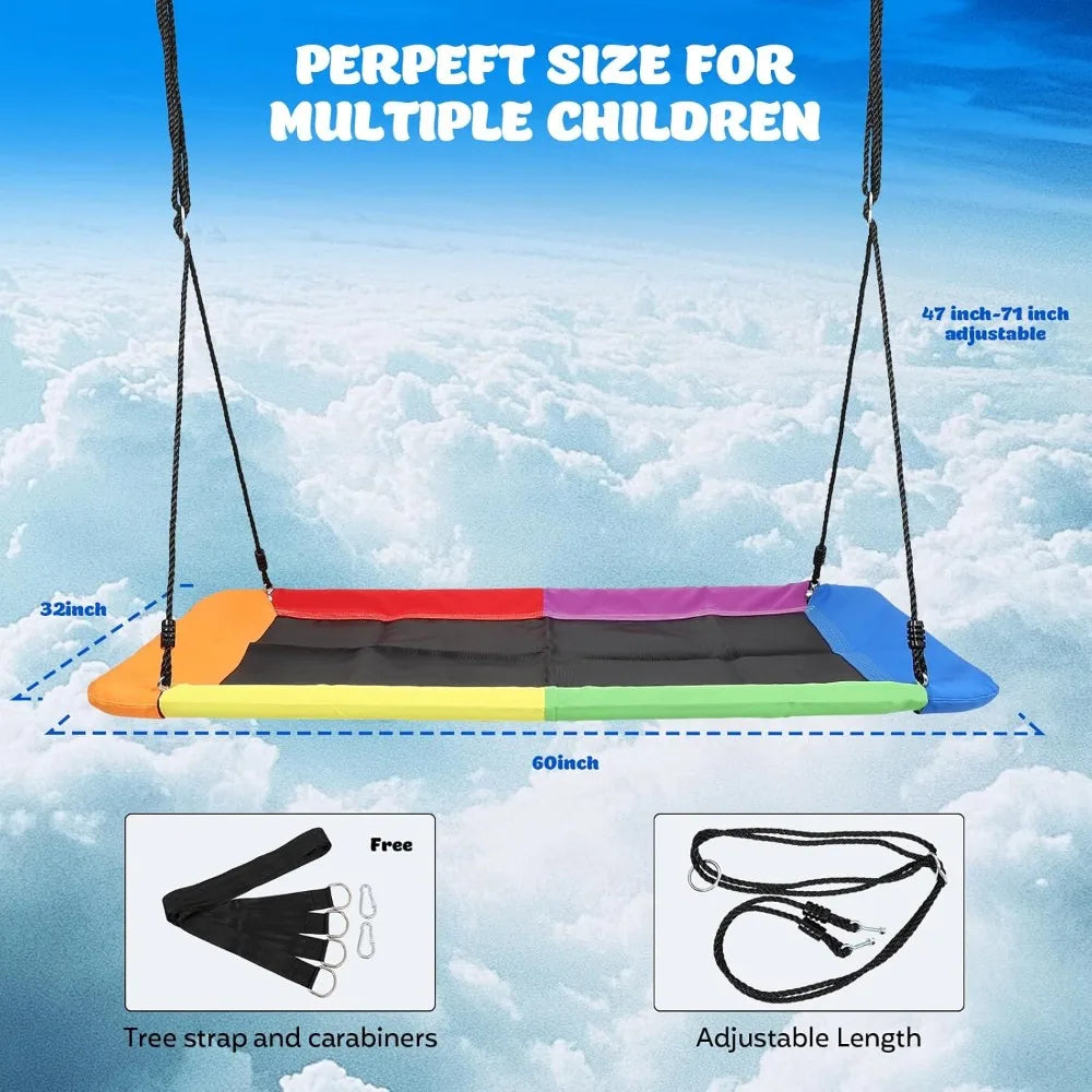800lb Giant 60 Inch Rectangle Platform Tree Swing for Kids and Adults with 2 Hanging Straps Rainbow