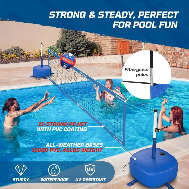 Pool Volleyball Net Set with Adjustable Length and Height LED Lights Two Volleyballs Regular and Glow in The Dark