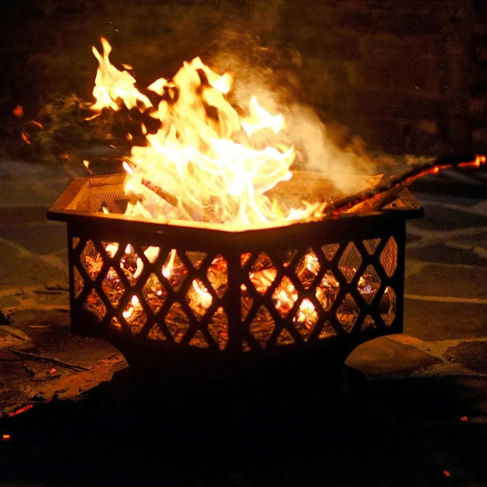 28 Inch Hex Shaped Fire Bowl Large Wood Burning Outdoor Fire Pit with Spark Screen and Poker for Bonfire Picnic BBQ