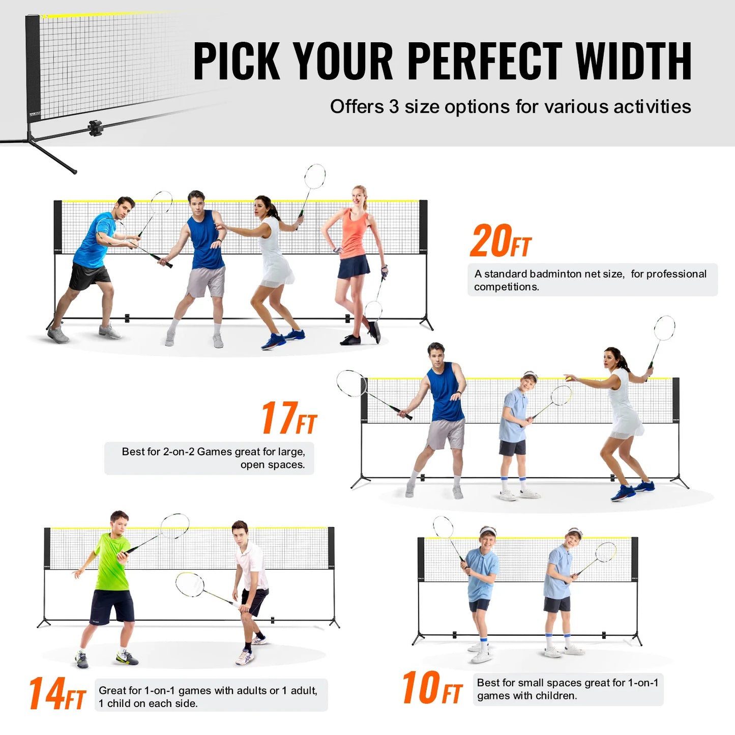VEVOR 20FT Height Adjustable Portable Badminton Volleyball Pickleball Tennis Net Set with Poles