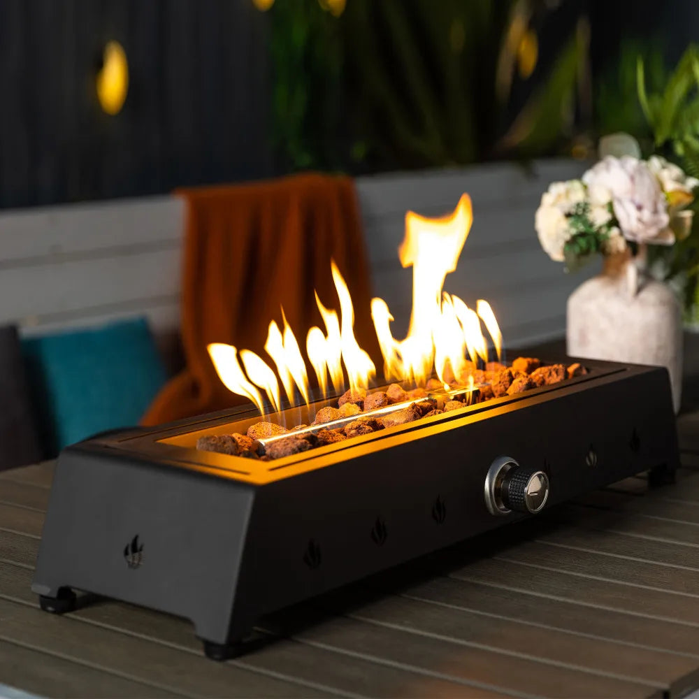 28 Inch Portable Tabletop Propane Fire Pit with Glass Wind Guard and Lava Rock Outdoor Steel Firepit