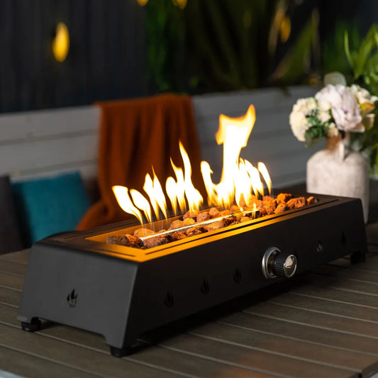 28 Inch Portable Tabletop Propane Fire Pit with Glass Wind Guard and Lava Rock Outdoor Steel Firepit