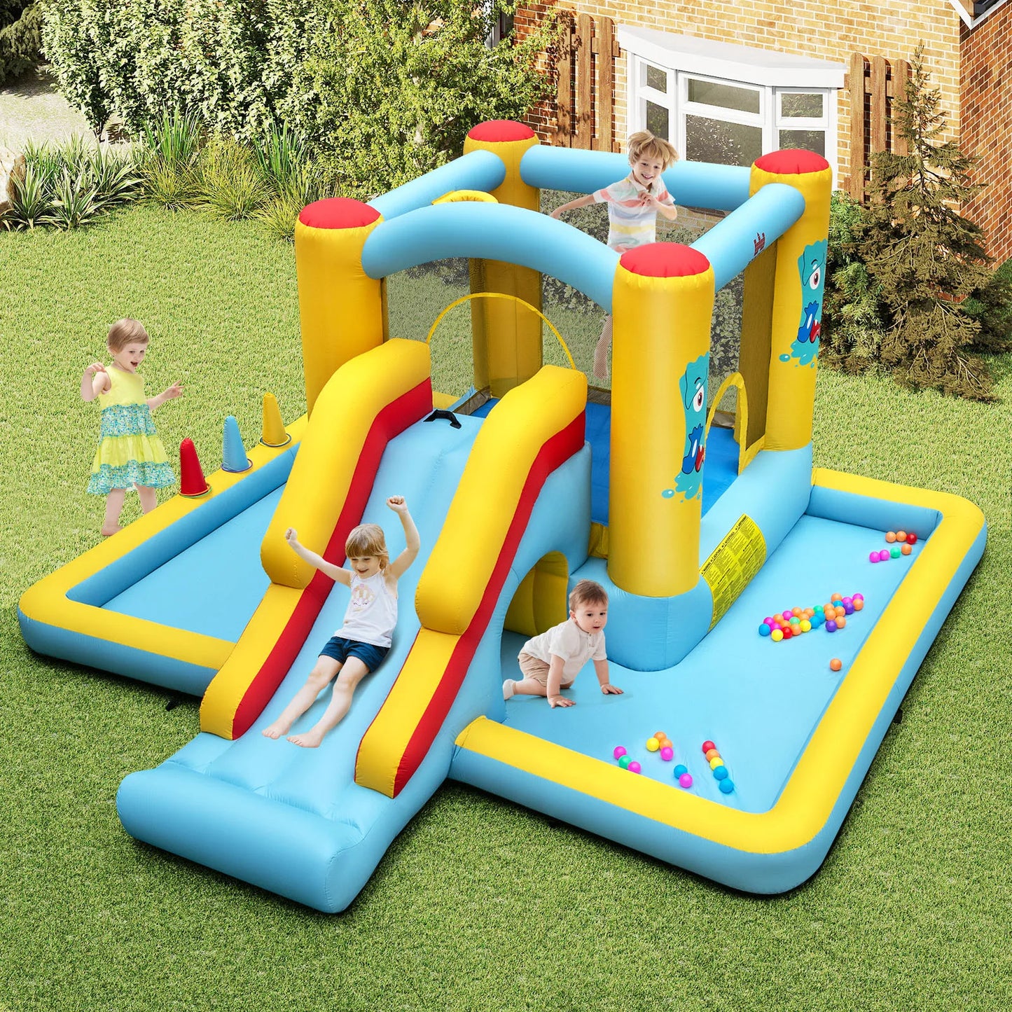 Inflatable Bounce House 7 in 1 Giant Bouncy Castle with Slide Tunnel Basketball Hoop and Ring Toss Game