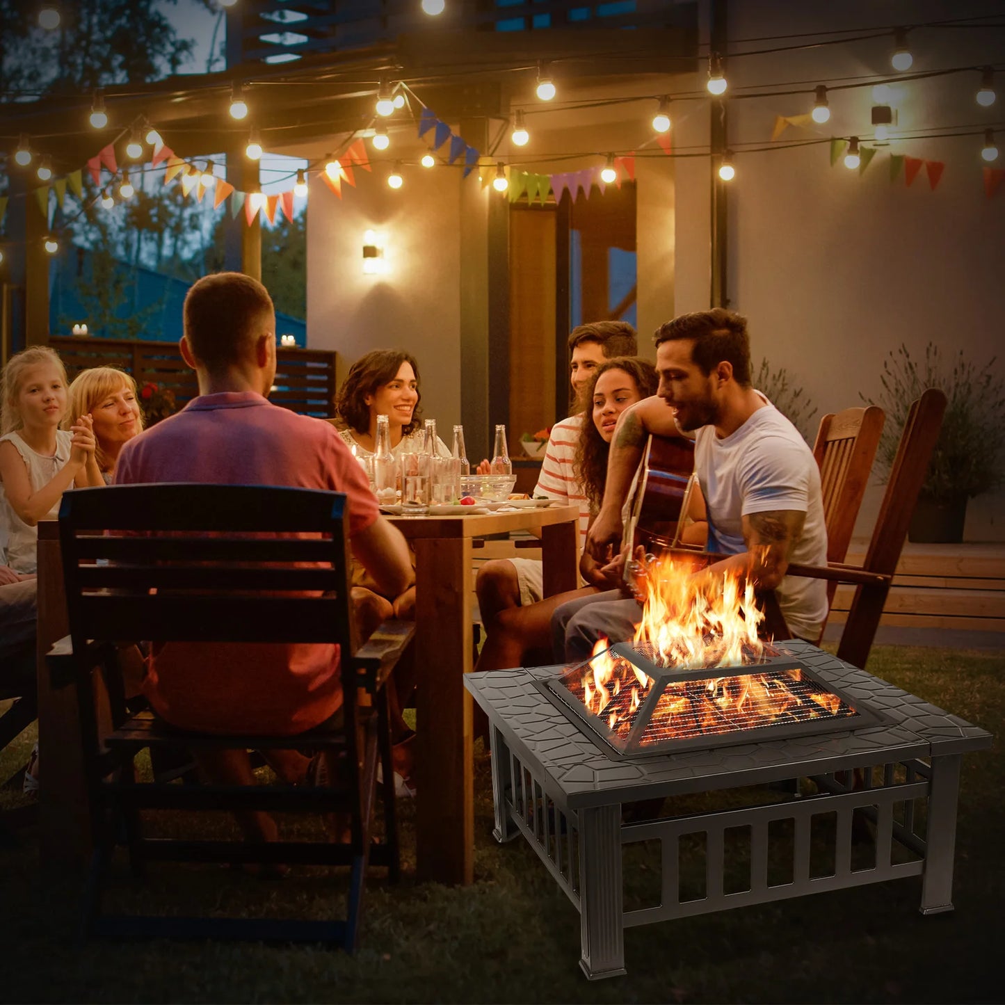 AOOU Steel 32 Inch Square Wood Burning Fire Pit Table Outdoor Patio Firepit Bonfire Party