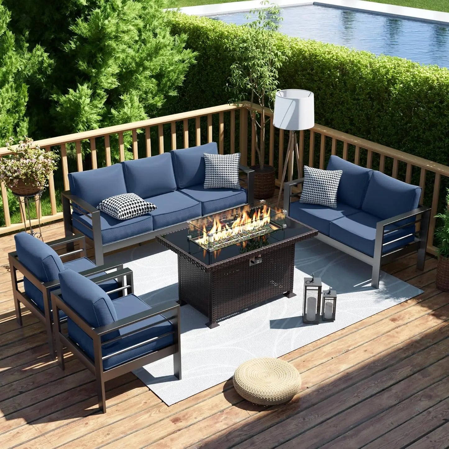 Patio Furniture Set with Fire Pit Table 6 Pcs Aluminum Outdoor Sectional Metal Modern Sofa Set