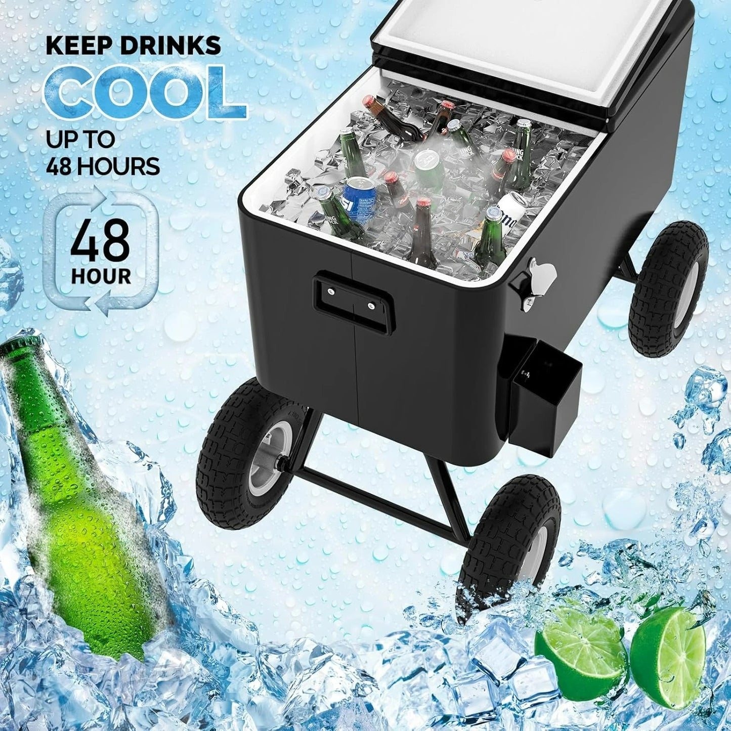80 Quart Wagon Rolling Cooler Ice Chest with Long Handle and 10 Inch Wheels Portable Beach Patio Party Bar Cold Drink Beverage