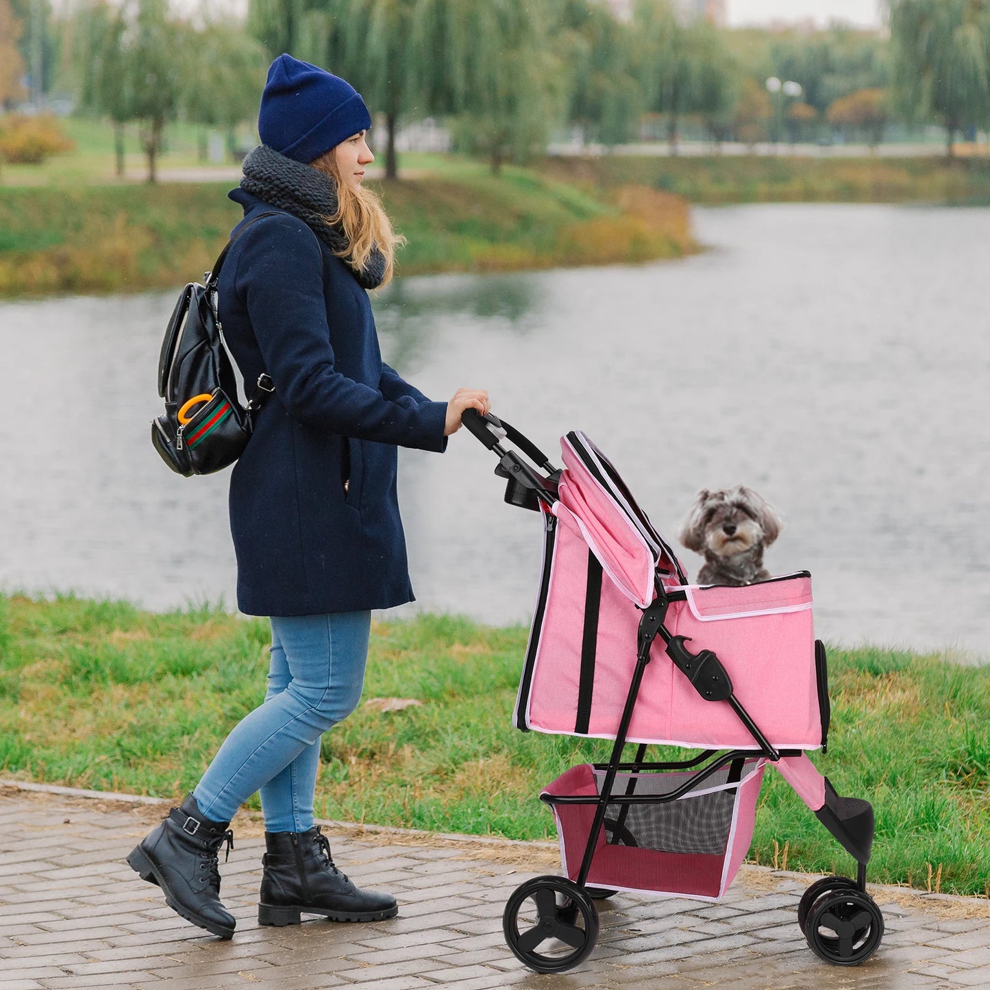 Foldable Pet Stroller With 360 Degree Swivel Wheels Basket