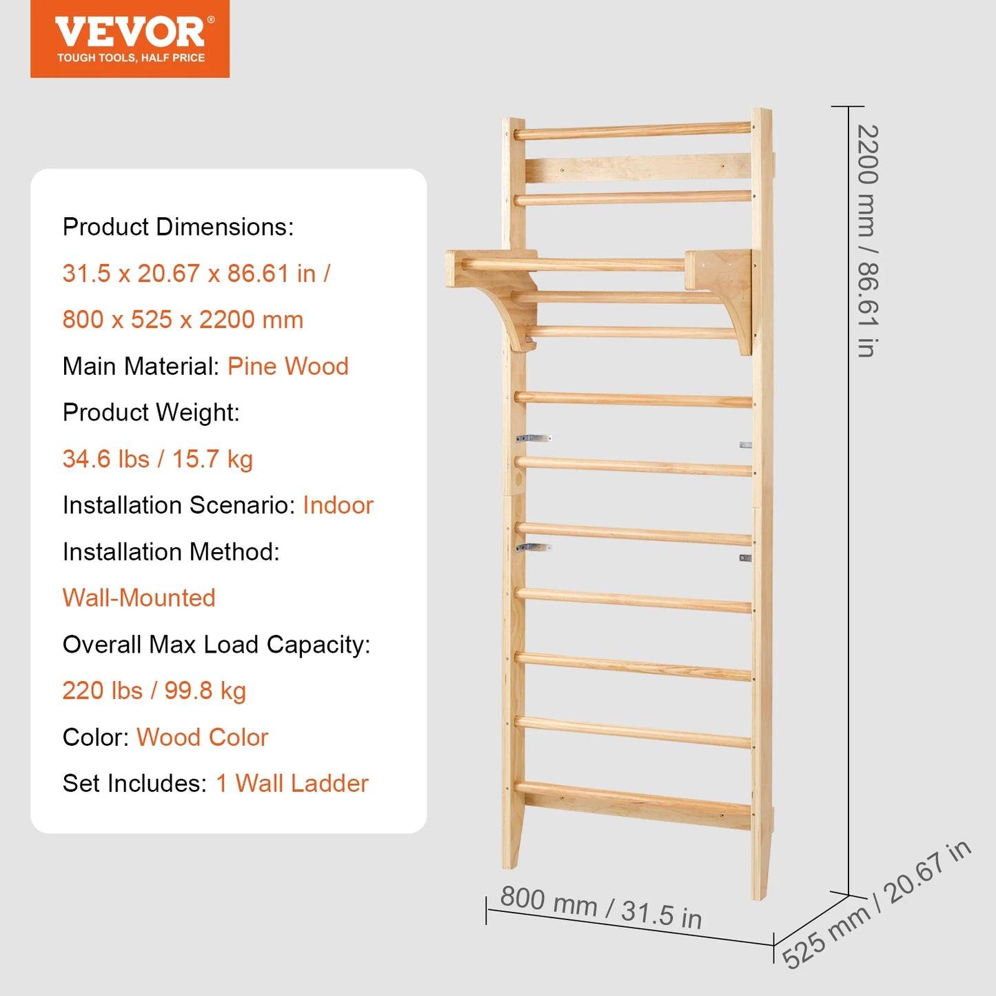 SucceBuy Swedish Ladder Wall Gym Wooden Indoor Playground Climbing Toys for Kids Ages 3 to 6 Years