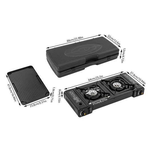 Professional Dual Burner Portable Camping Stove with Grill Tray 1.15kW Burners for Outdoor BBQ and Picnics