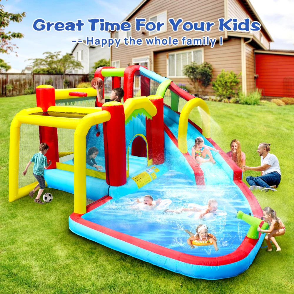 7 In 1 Inflatable Slide Water Park Bouncing House Outdoor Soccer Garden Bouncer With Splash Pool Water Gun Climbing Wall