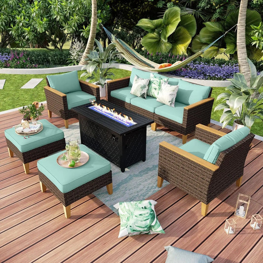 9 Piece Wicker Patio Furniture Set with 56 Inch Fire Pit Table All Weather PE Rattan Sectional Sofa Conversation Set