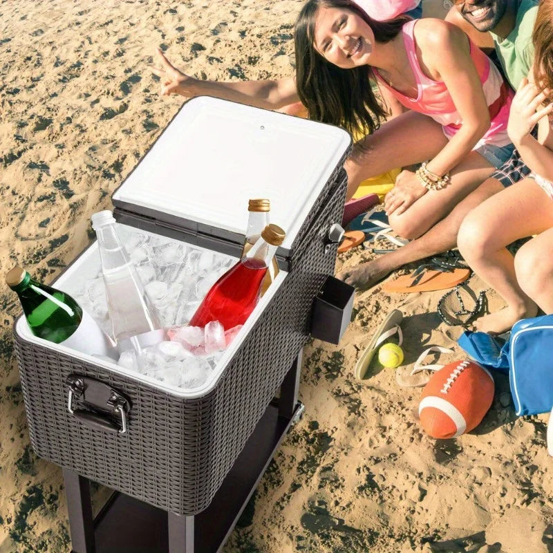 Outdoor Rattan 80QT Party Patio Rolling Cooler Ball Cart Cold Beer Drink Case
