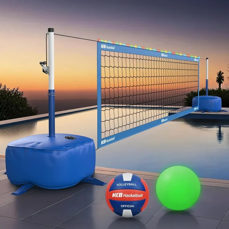 Pool Volleyball Net Set with Adjustable Length and Height LED Lights Two Volleyballs Regular and Glow in The Dark