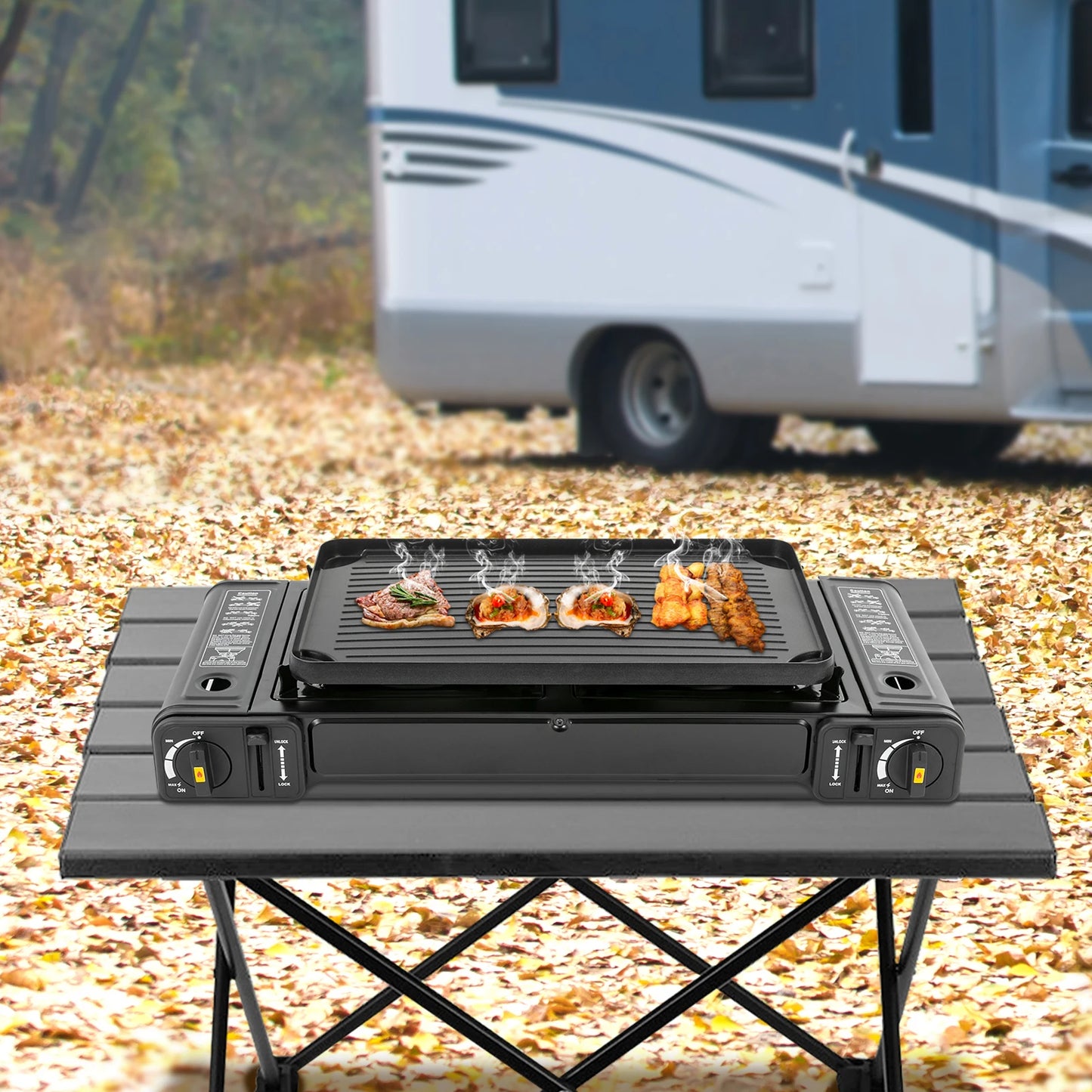 Double Head Barbecue Gas Stove With Baking Tray Portable