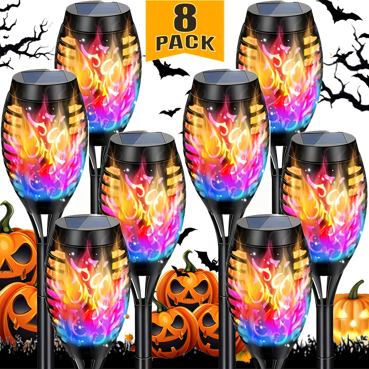 8 Pack Solar Torch Lights Outdoor Waterproof Flickering Flame Tiki Garden Pathway Realistic Fire Effect Auto On Off