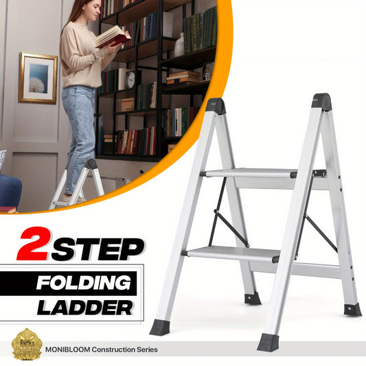 MoNiBloom Portable 2 Step Ladder Folding Stool Wide Platform Non Slip Feet 330 Lbs Capacity For Home Kitchen Silvery