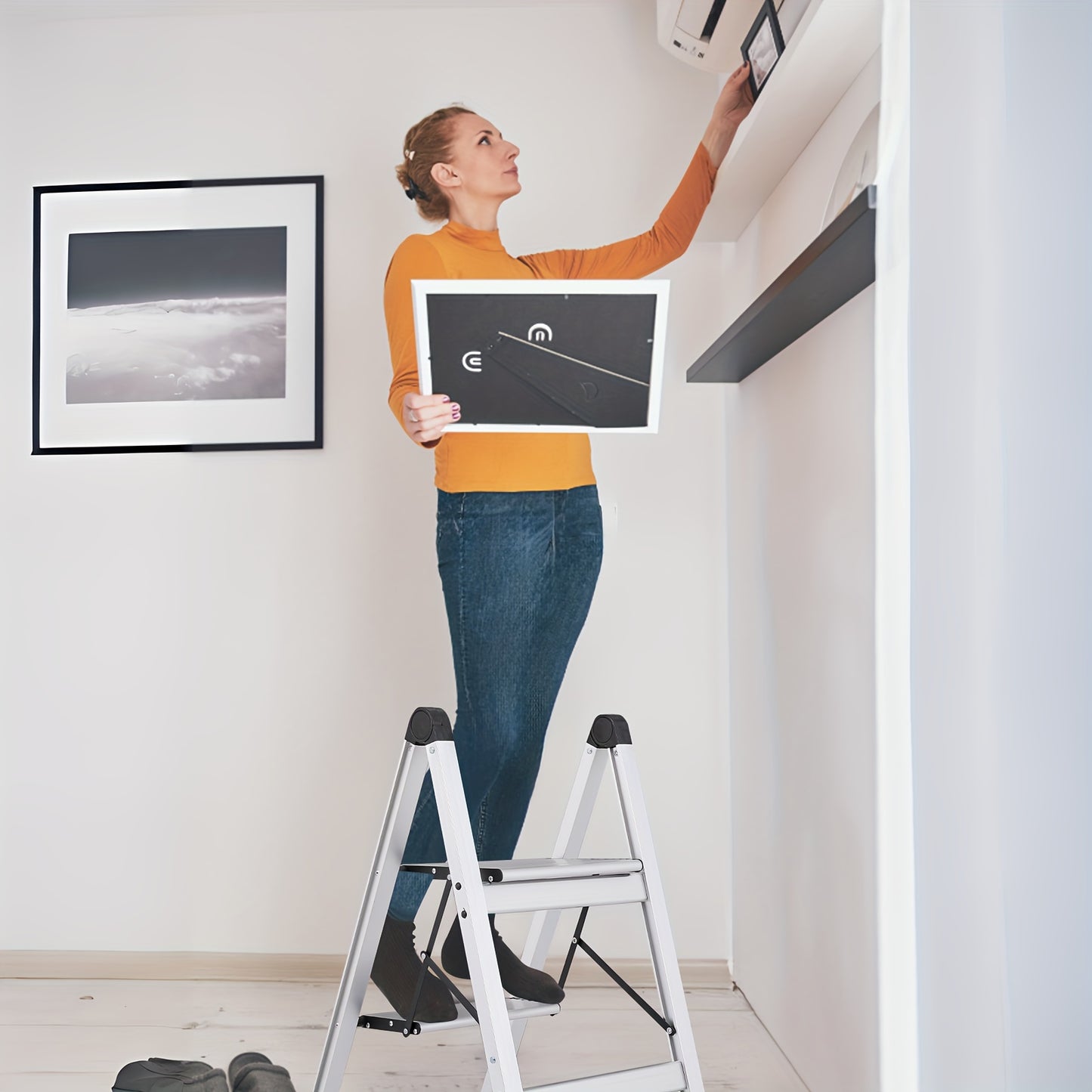 MoNiBloom Portable 2 Step Ladder Folding Stool Wide Platform Non Slip Feet 330 Lbs Capacity For Home Kitchen Silvery