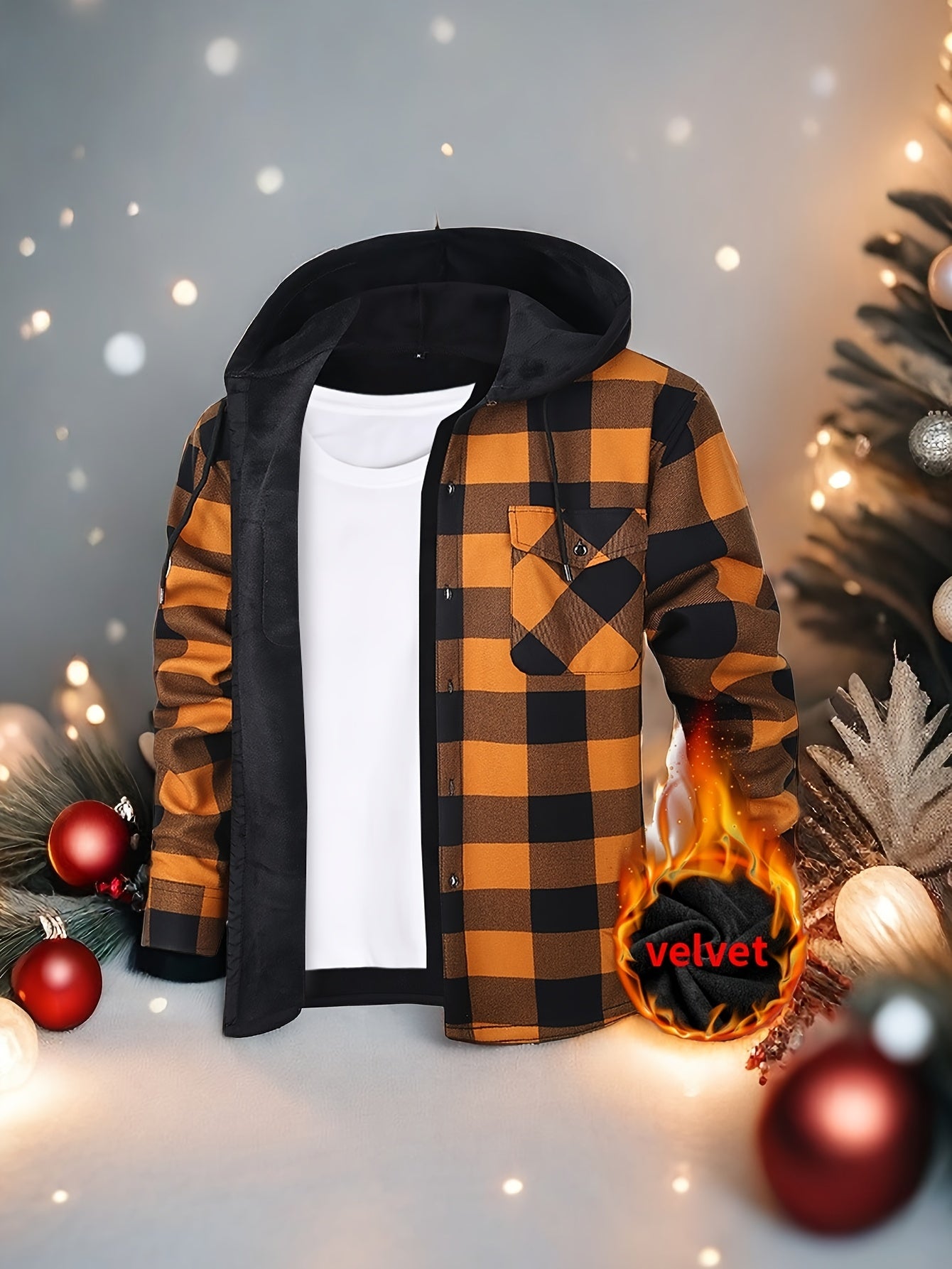 Mens Hooded Plaid Shirt Jacket Winter Thickened Coat