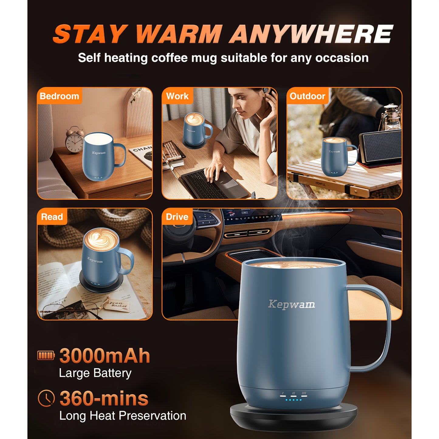 Kepwam Self Heating Coffee Mug T2 16oz 150 Minute Battery Life 149 F Temperature Controlled Warmer No App