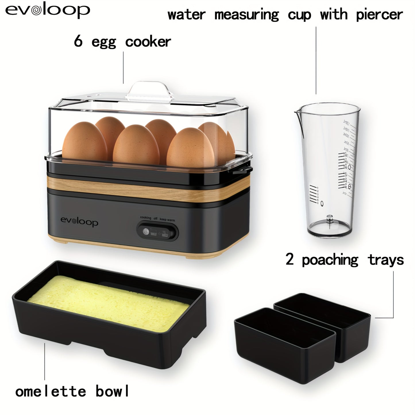 Evoloop Rapid Egg Cooker 6 Egg Capacity BPA Free Stainless Steel Tritan Lid