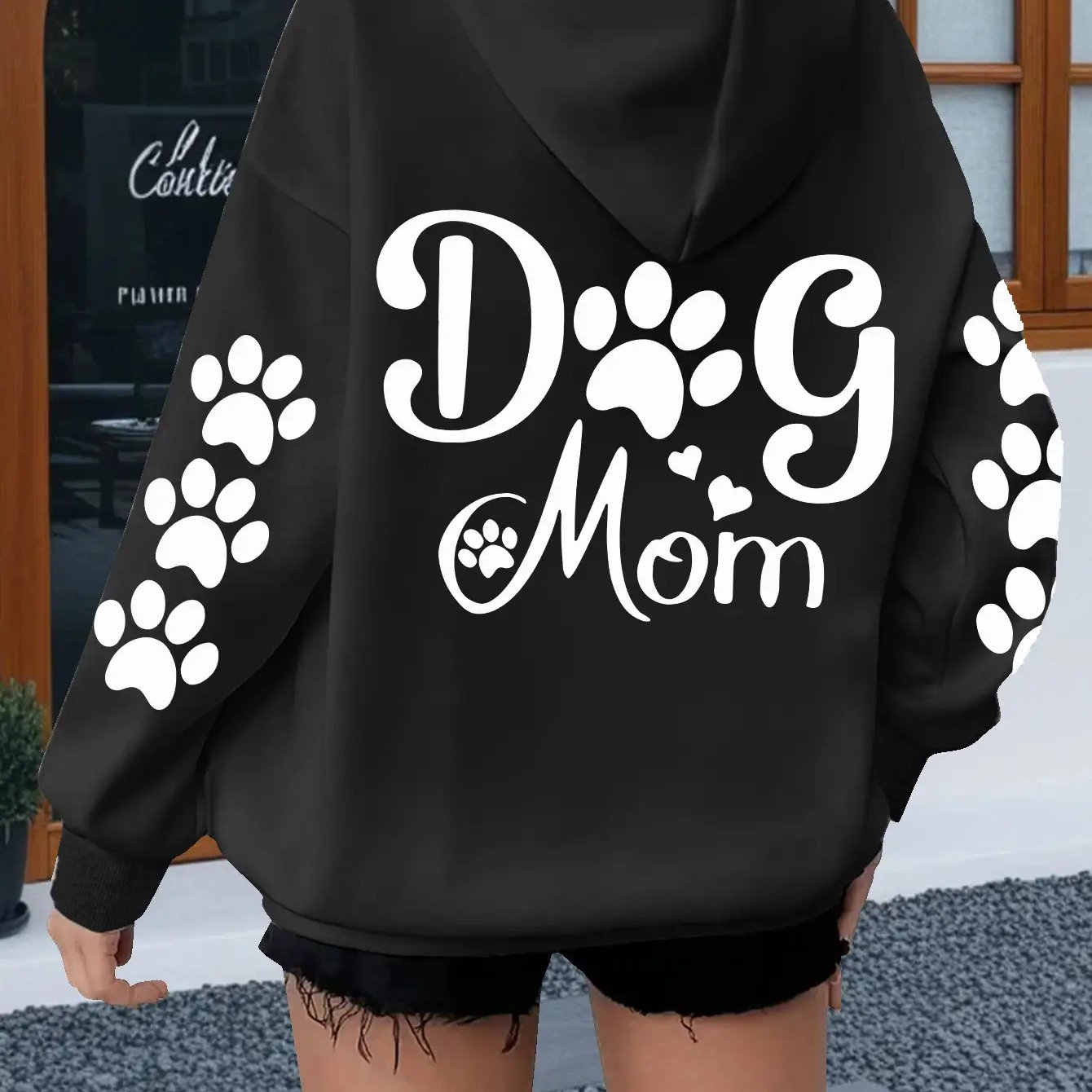 Women Dog Mom Hoodie With Paw Print And Bone Lettering