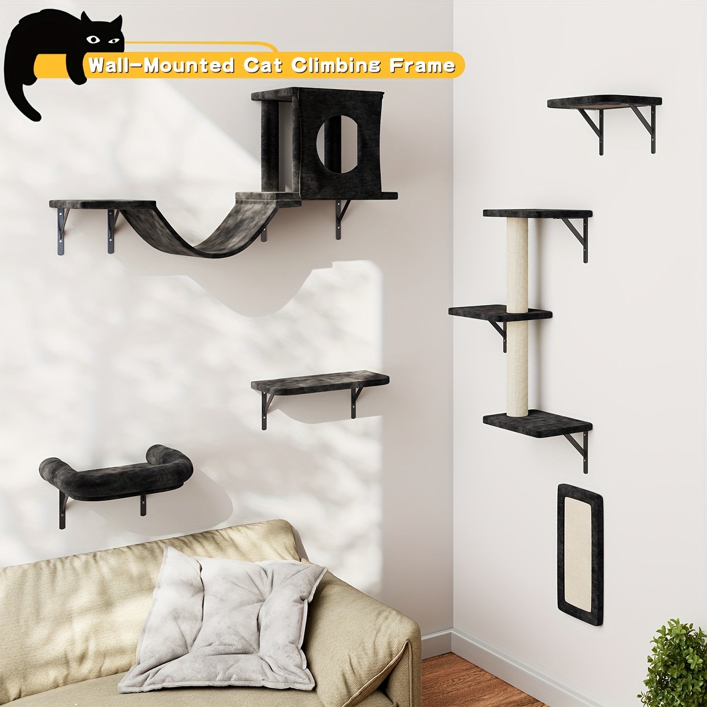 6 Pcs Deluxe Wall Mounted Cat Climbing Shelf Multi Level