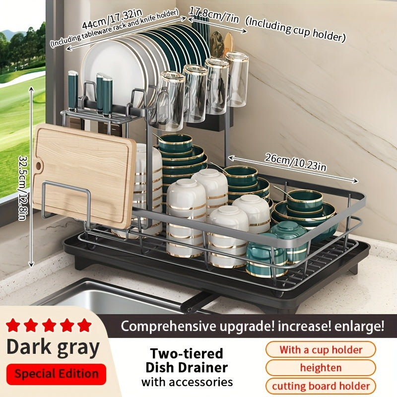 Double Tier Large Metal Cutlery Rack For Kitchen Space Saving Rustproof With Knife Fork Cup Holders And Draining Board