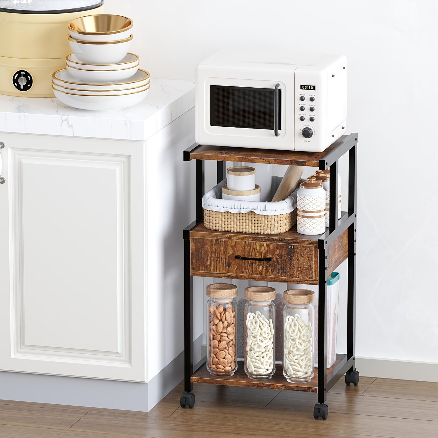 Sturdy 3 Tier Rolling Printer Stand With Storage Drawer Recycled Wood And Metal Frame Mobile Printer Cart With Wheels