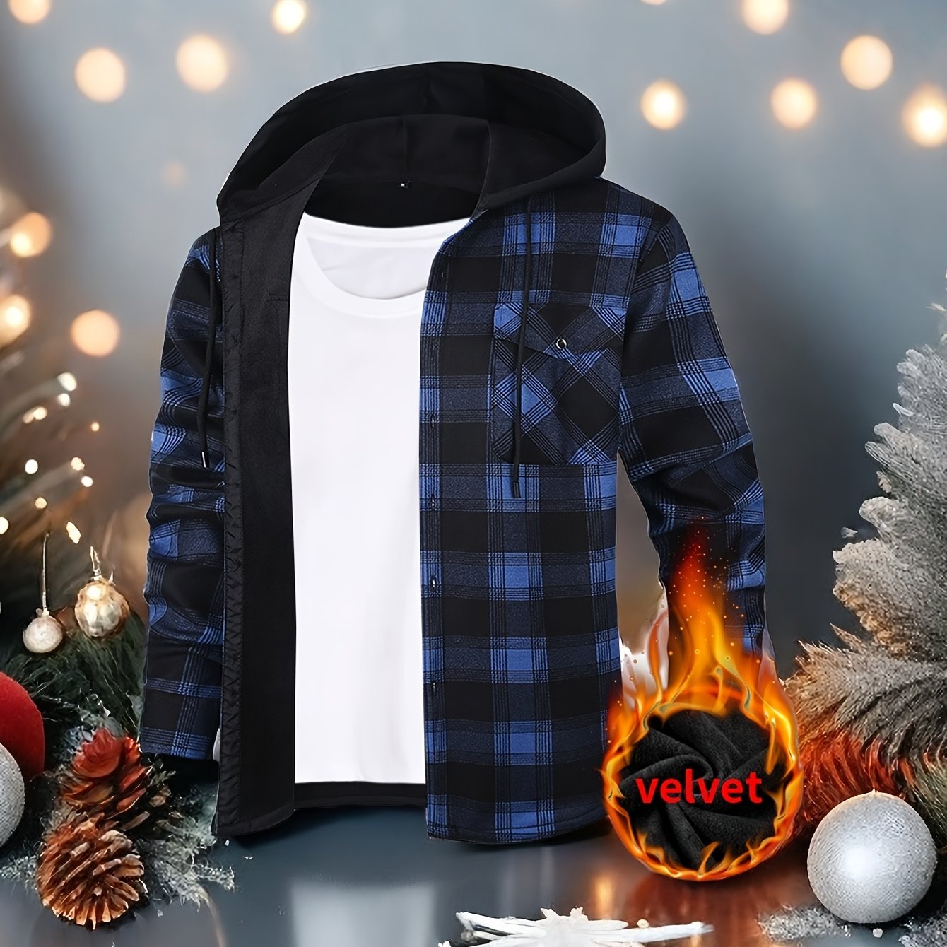 Mens Hooded Plaid Shirt Jacket Winter Thickened Coat
