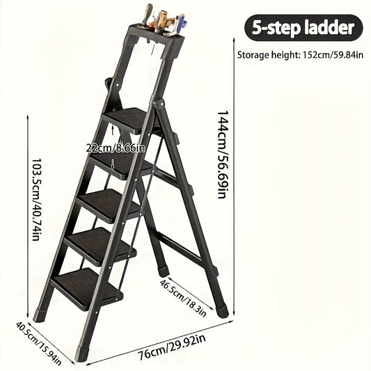 Five Step Folding Metal Ladder With Handrails Portable Safety Footstool For Home And Office Use Black Anti Slip Pads