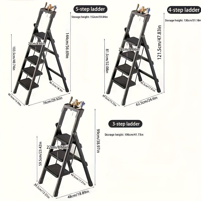 Five Step Folding Metal Ladder With Handrails Portable Safety Footstool For Home And Office Use Black Anti Slip Pads